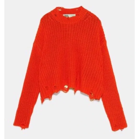 ZARA • Orange Distressed Knit Cropped Sweater, M - Picture 6 of 16